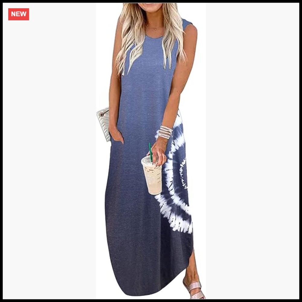Boho Maxi Dress Sleeveless Casual Sundress with Pockets Vintage Print Summer